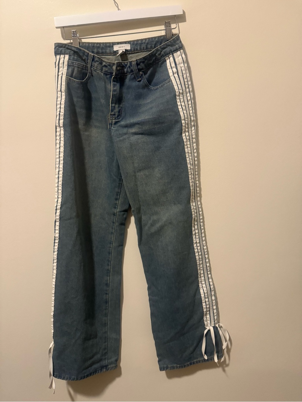 Forever 21 Blue Denim Wide-Leg Jeans with White Side Stripes